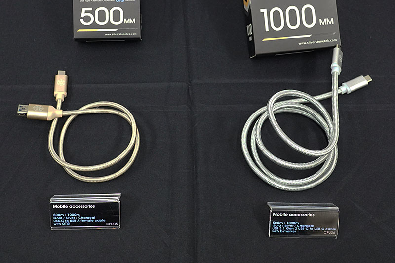 「CPU05」と「CPU06」。CPU05はOTG対応のUSB Ttpe-C - USB Type-Aケーブル。CPU06は認証用のE-makerチップを搭載したUSB 3.1 Gen2の機能をフルに利用できるUSBケーブル。