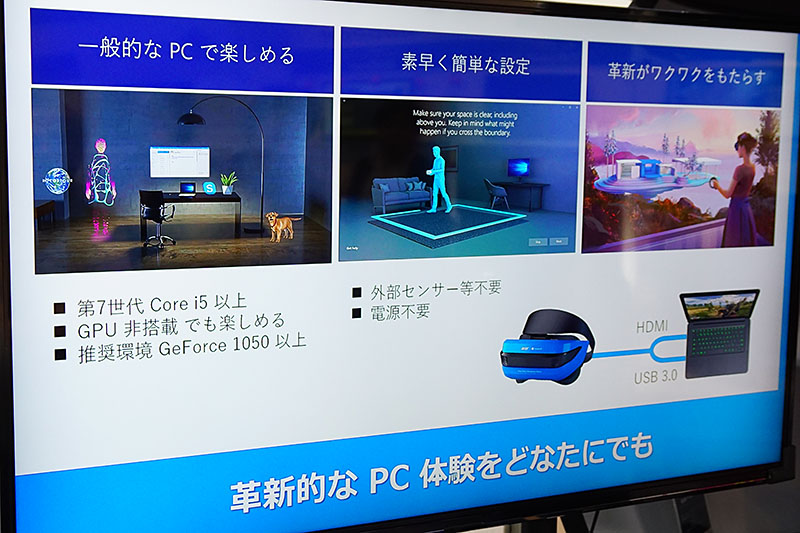 Windows Mixed Realityヘッドセットは性能面や価格面でも導入しやすいことも紹介された。