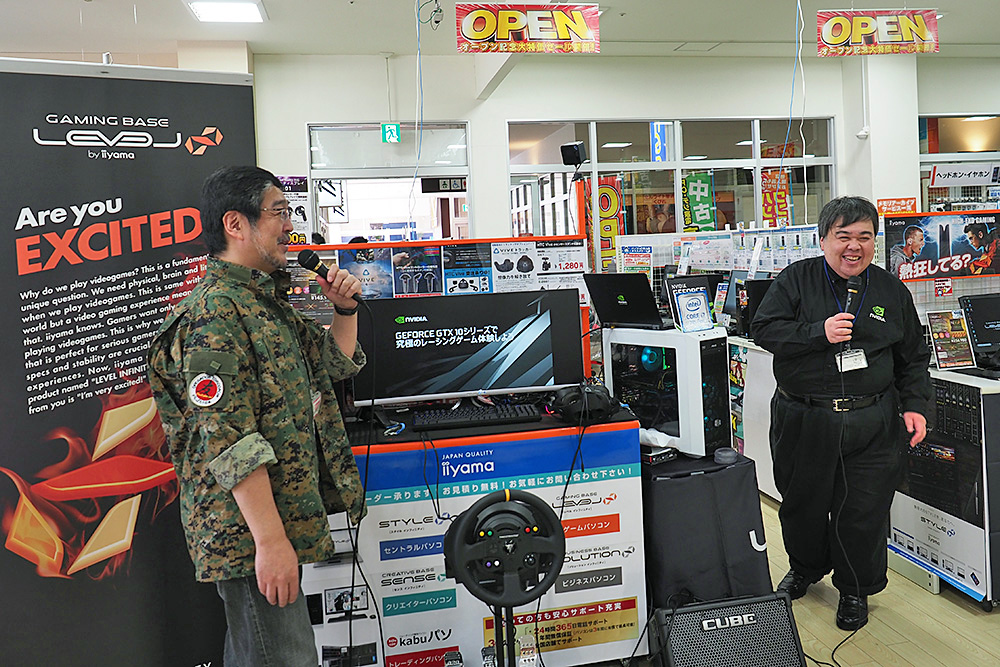 店頭イベント「パソコン工房・グッドウィル ドライビングプロジェクトツアー」は和やかな雰囲気の中行われ、NVIDIA 高橋一則氏と改造バカのセッションのほか、参加者はPROJECT CARS 2やForza Motorsport 7の体験プレイもできた。