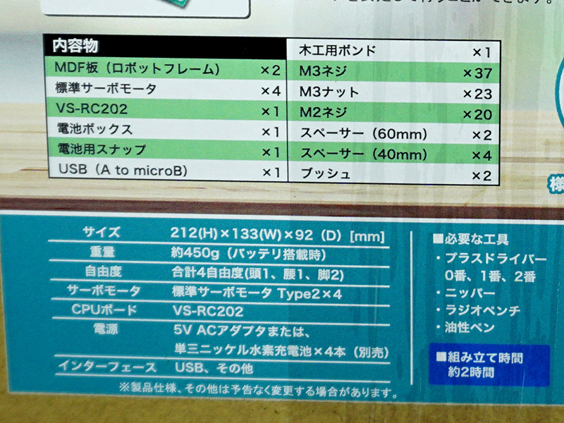主な仕様と内容物のリスト