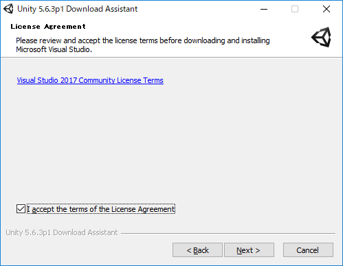 Unityのインストールウィザード。特に設定を変更する必要はないので、画面の指示に従ってインストールを進めよう。