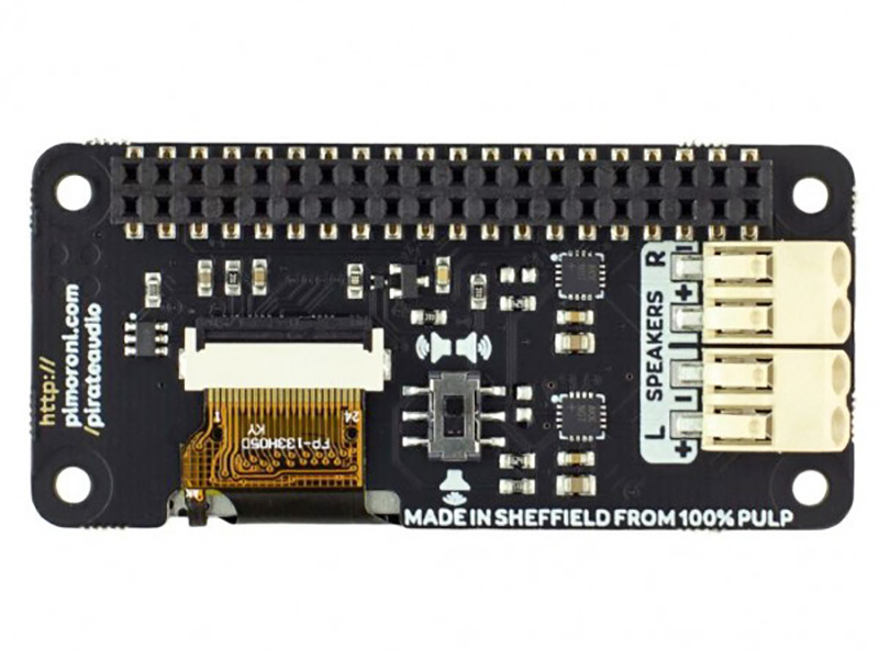 3Wのステレオアンプを搭載した「3W Stereo Amp for Raspberry Pi（PIM484）」。スピーカーケーブルを接続するためのプッシュフィットターミナルを装備している。搭載DACは「MAX98357A」