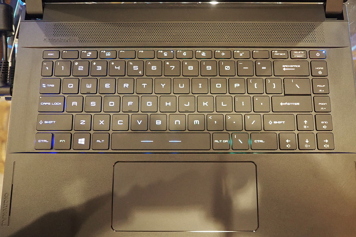 キーボードは耐久性に定評のあるSteelSeries製で、Per Key RGBバックライトを搭載。発光オフや発光色を単色にして落ち着いたデザインのモデルとして使用することもできる。