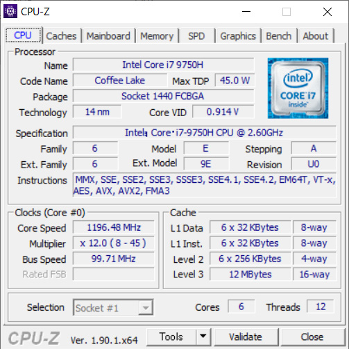 CPUはIntel Core i7-9750H