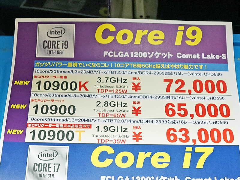 Core i9シリーズの価格表(税込)