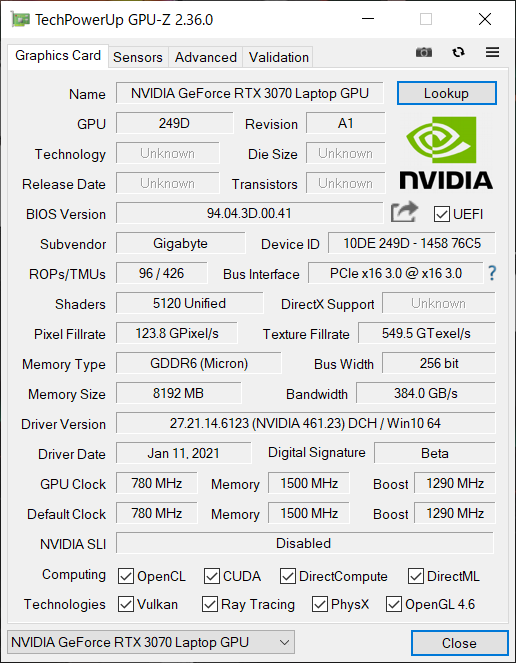 「GPU-Z」で搭載されているGPUの情報を拾ってみた。ブーストクロックは1,290MHzで、デスクトップ向けのRTX 3070に比べるとだいぶ低く設定されている