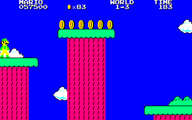 WORLD 1-2は地下面ですが、天井の上を走れば簡単に先へと進めます。WORLD 1-3は空中面で、移動する床などの上を上手に渡らなければなりません。ほかにも、WORLDが進むと水中面なども登場します。