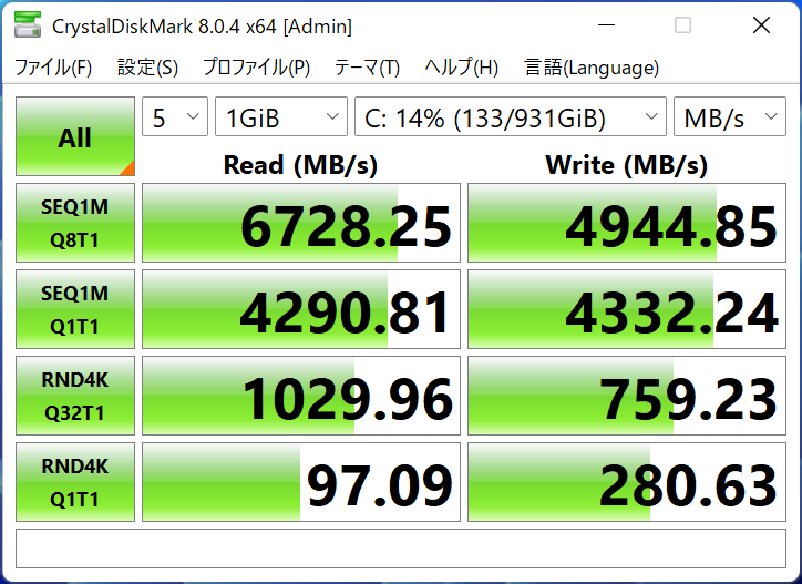 CrystalDiskMark 8.0.4の結果