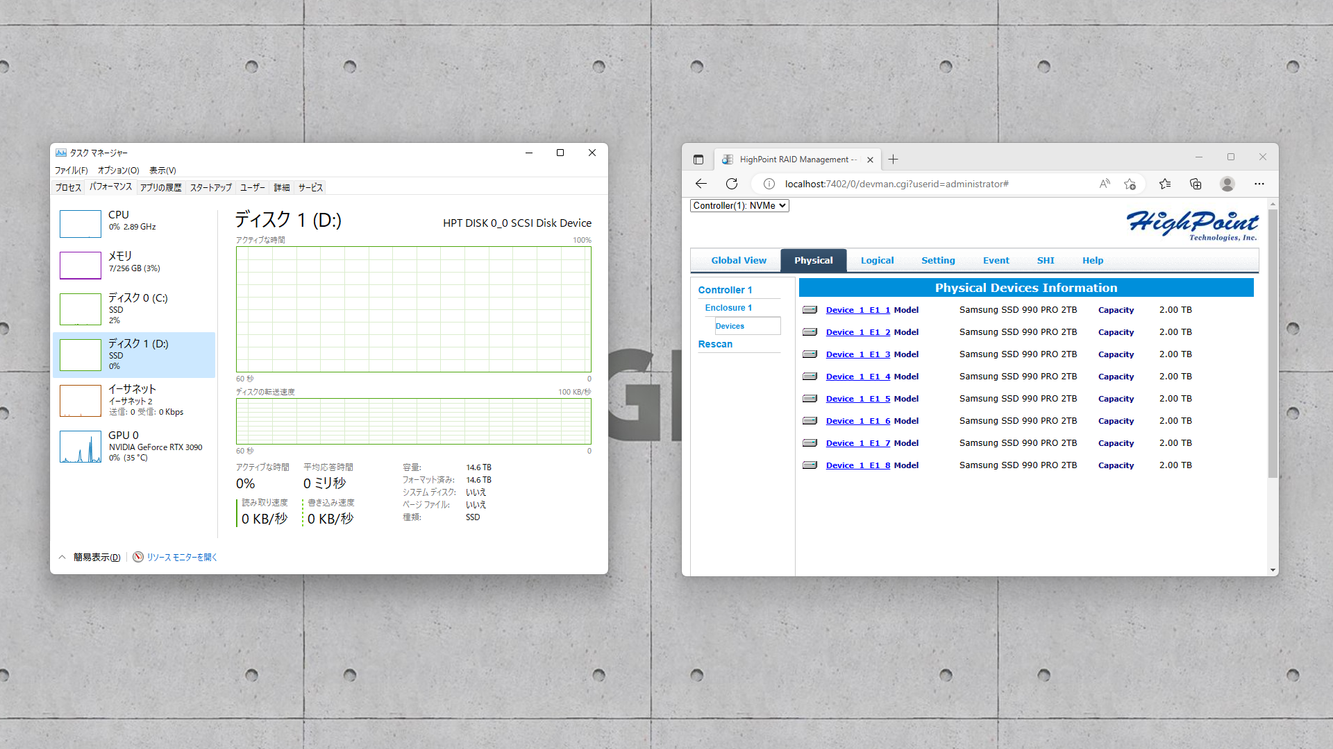 8台の990 PRO(2TB)で構成したRAID 0ボリューム。記憶容量は14.6TBとなっている。