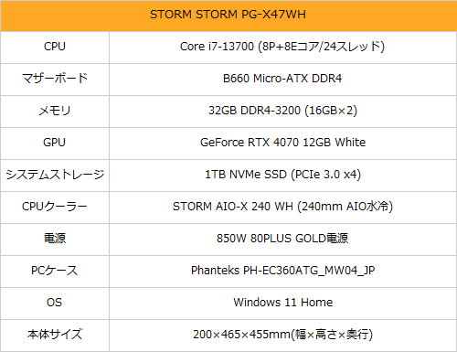 ホワイトでCore i7×GeForce RTX 4070の今時ゲーミングPC「STORM PG ...