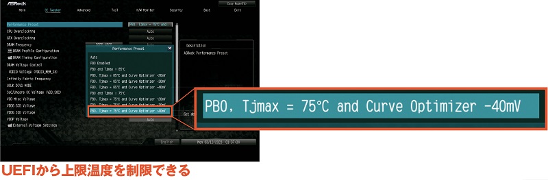 ［OC Tweaker］の［Performance Preset］から、CPU温度の上限を設定できる。今回は［PBO. TJMax＝75℃ and Curve Optimizer -40mV］に設定して各種テストを行なった