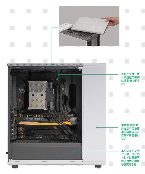 背面に向かってグッと引っ張ると、天板の防塵フィルタのロックが外れ、防塵フィルタ部分が外せる