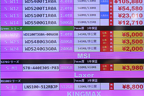 7,200MB/sの4TB SSDが3万円に、SATA SSD 1TBが5,000円など、特価