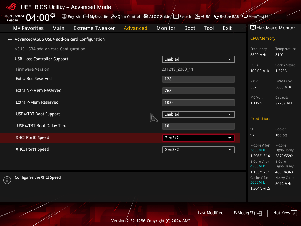 USB4 PCIE GEN4 CARDを利用するには、USB Host Controller Supportを有効(Enabled)にする必要がある