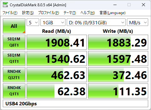 USB4 20Gbps接続(書き込みキャッシュ有効)