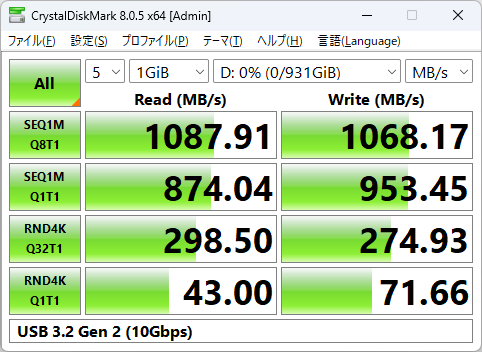 USB 3.2 Gen 2(10Gbps)接続
