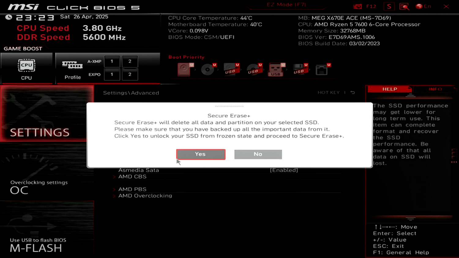 Secure Erase+をクリックすると「重要なデータはバックアップ済みですか」といった確認があり、「Yes」を選ぶとPCが一旦再起動します
