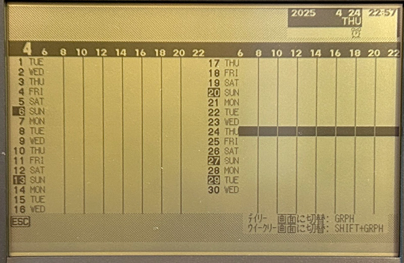 起動すると表示される、PC-98HAのスケジューラ画面をデイリー、ウィークリー、マンスリーと遷移させた写真です。スケジュール手帳の代わりになりますが、バッテリーの残量に気を遣わなければならないところが惜しい部分でした。