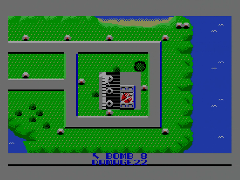 秘密工場は、最初は煙を出して稼働していますが、爆弾を落とすすと煙が止まり、更に攻撃を加えると爆発！　画面下部に「Congratulation」のメッセージが表示されます。これを6回繰り返せば、見事クリアに。