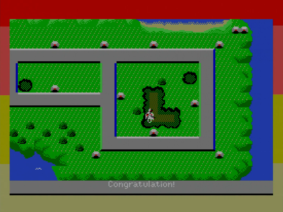 秘密工場は、最初は煙を出して稼働していますが、爆弾を落とすすと煙が止まり、更に攻撃を加えると爆発！　画面下部に「Congratulation」のメッセージが表示されます。これを6回繰り返せば、見事クリアに。