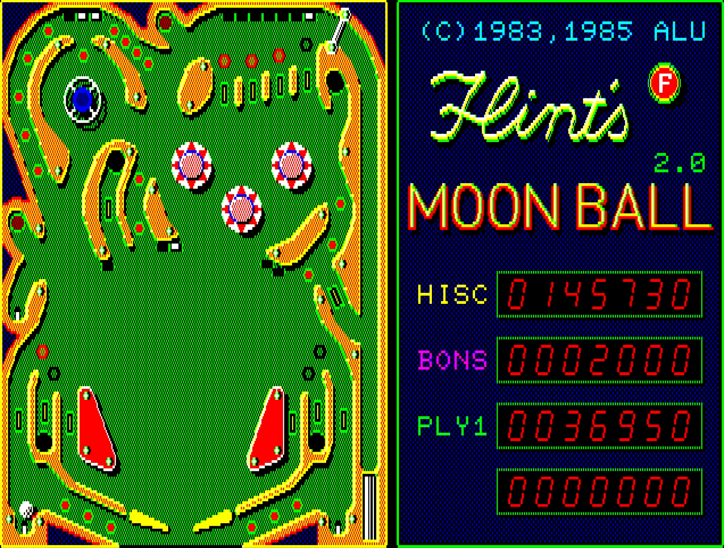 現在のピンボールと比べると約物が少なめで大人しい印象の台ですが、随所にさまざまな工夫が凝らされています。左右端のレーンにはボールが入りやすいものの、右下と左下にポケットがあるので、そう簡単には落ちていかないのが嬉しい部分です。