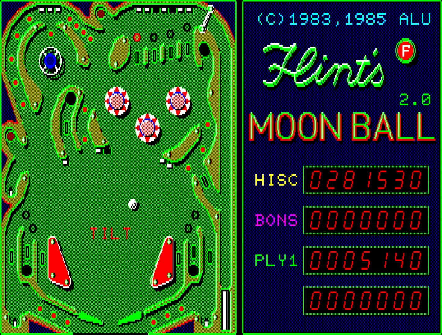 あまりにもスペースキーを叩きすぎると“TILT”と表示され、一切の操作を受け付けない状態になります。あとはボールが落ちていくのを、指をくわえてみているだけに……。使いすぎは禁物ですが、上手に利用すればピンチを脱出する手段にも。