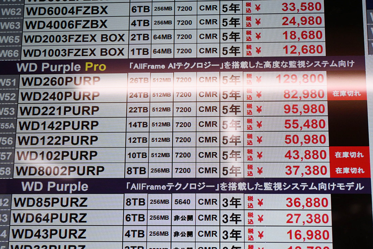 Western Digital「WD Purple Pro」の店頭価格表(5月10日撮影)