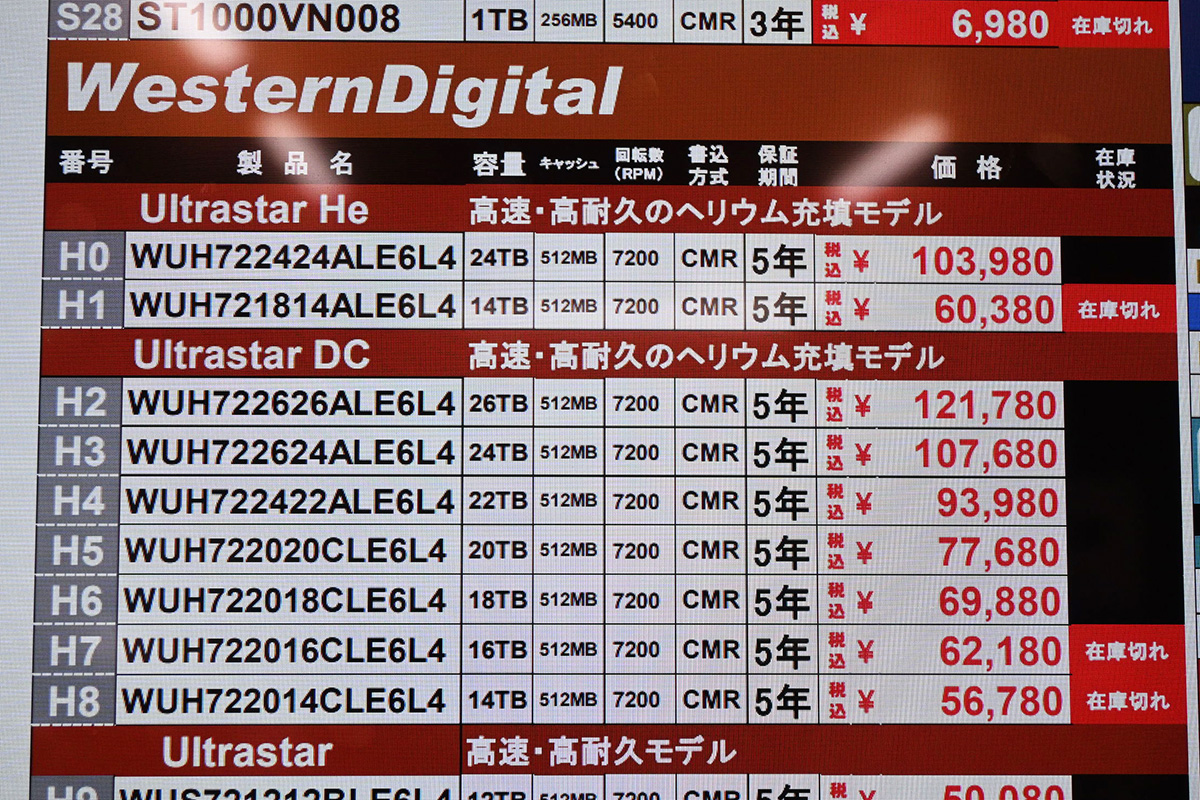 Western Digital「Ultrastar」の店頭価格表(5月10日撮影)