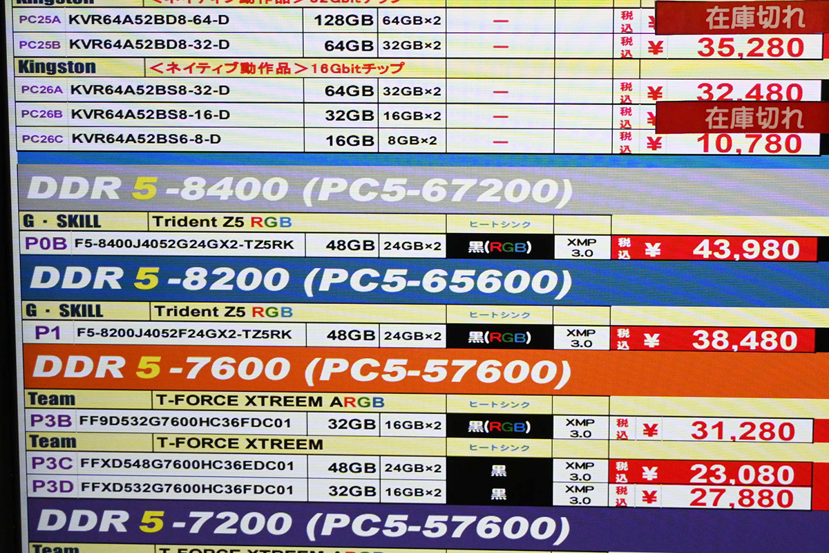「DDR5-8400」24GB×2枚組が43,980円など(5月10日撮影)