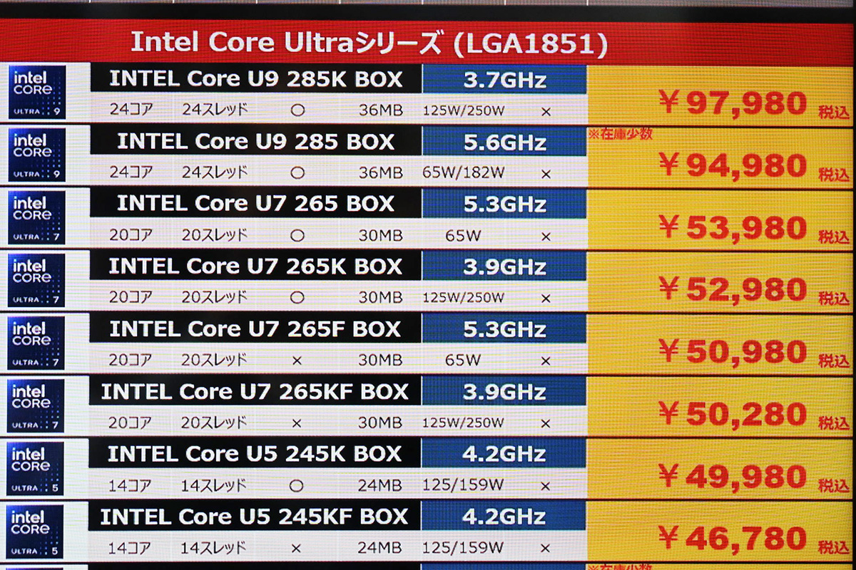 「Core Ultra 7 265K」が52,980円など(5月10日撮影)