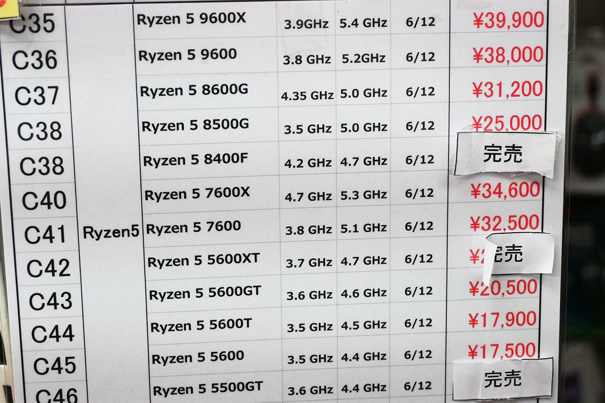 Ryzen 5の店頭価格表(5月10日撮影)