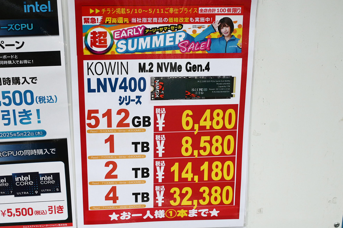 Kowin「LVN400」4TBが32,380円など(5月10日撮影)