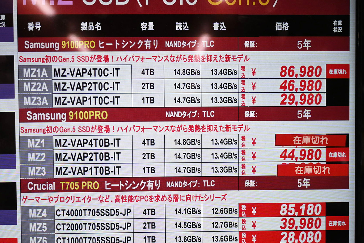 Samsung「9100 PRO」は在庫切れが目立つ(5月10日撮影)
