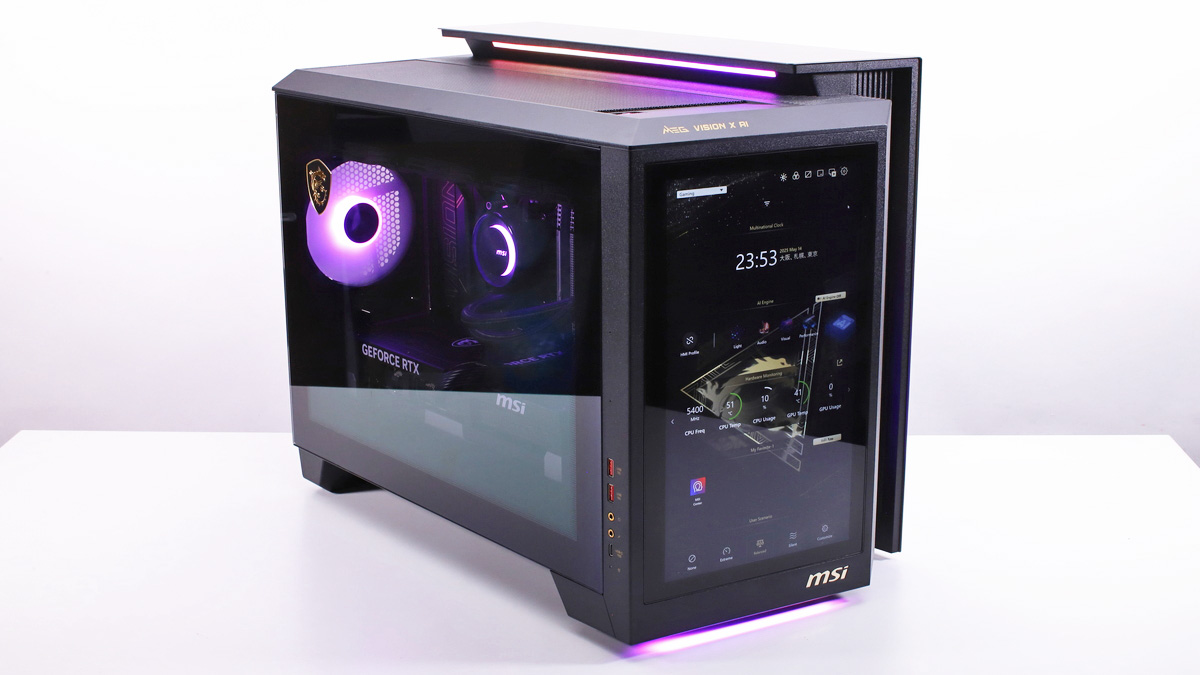 MEG Vision X AI 2NVZ9-014JP。フロントパネルに液晶モニターを備えるオリジナル筐体に高性能パーツを組み込んだウルトラハイエンドPC