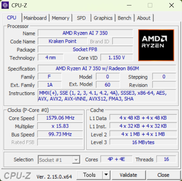 CPU-Zでの表示。CPUには8コア16スレッドの「Ryzen AI 7 350」を搭載。ブーストクロックは5GHzだ