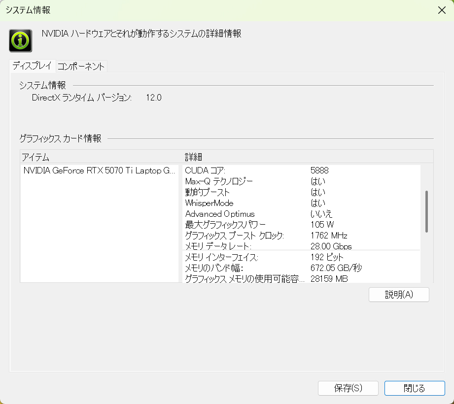 カード電力105W、ブーストクロックは1,762MHzに設定されていた。ビデオメモリが12GBとノートPC用としては大容量だ