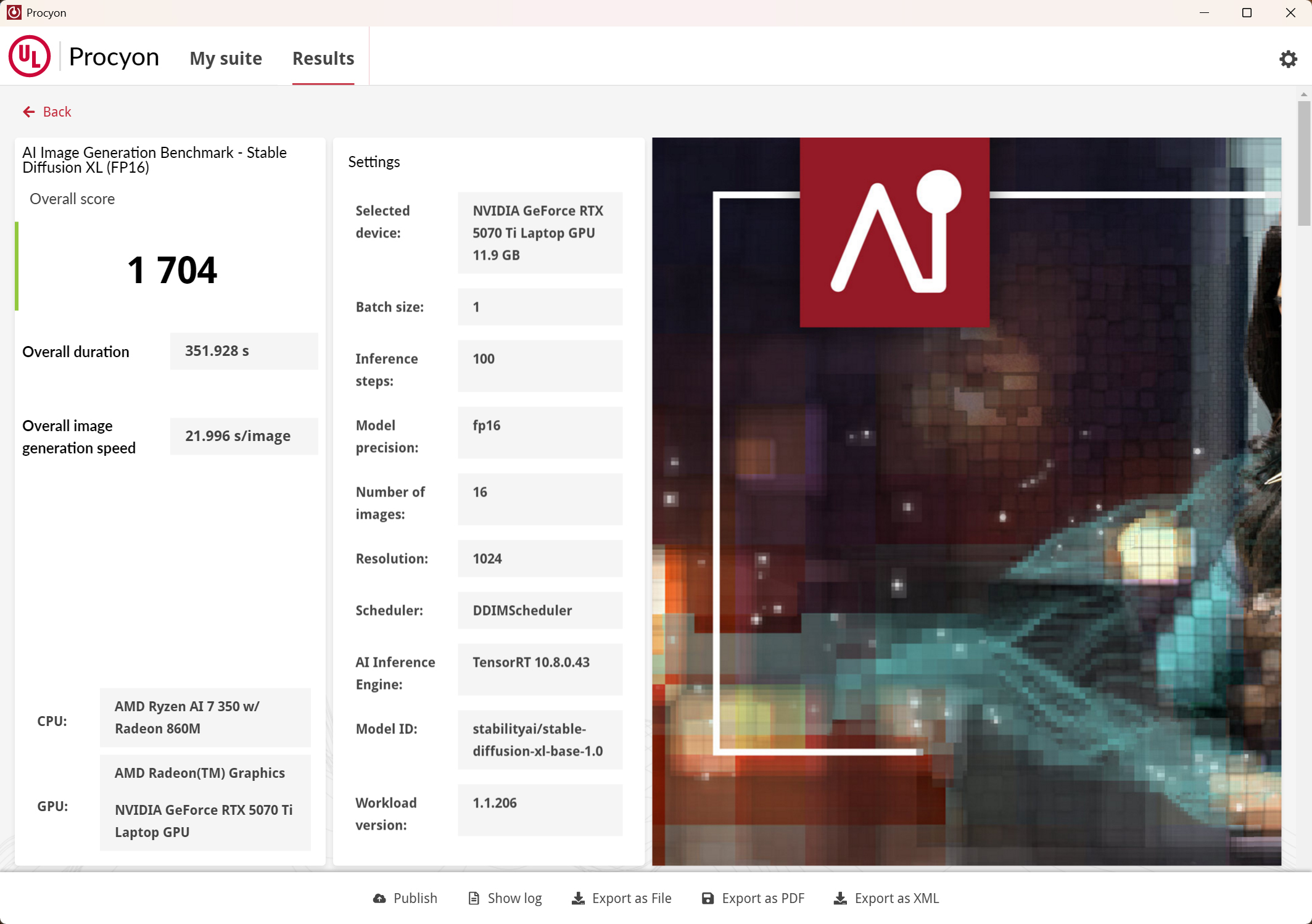 Procyon AI Image Generation BenchmarkのStable Diffusion XL(FP16)設定での結果