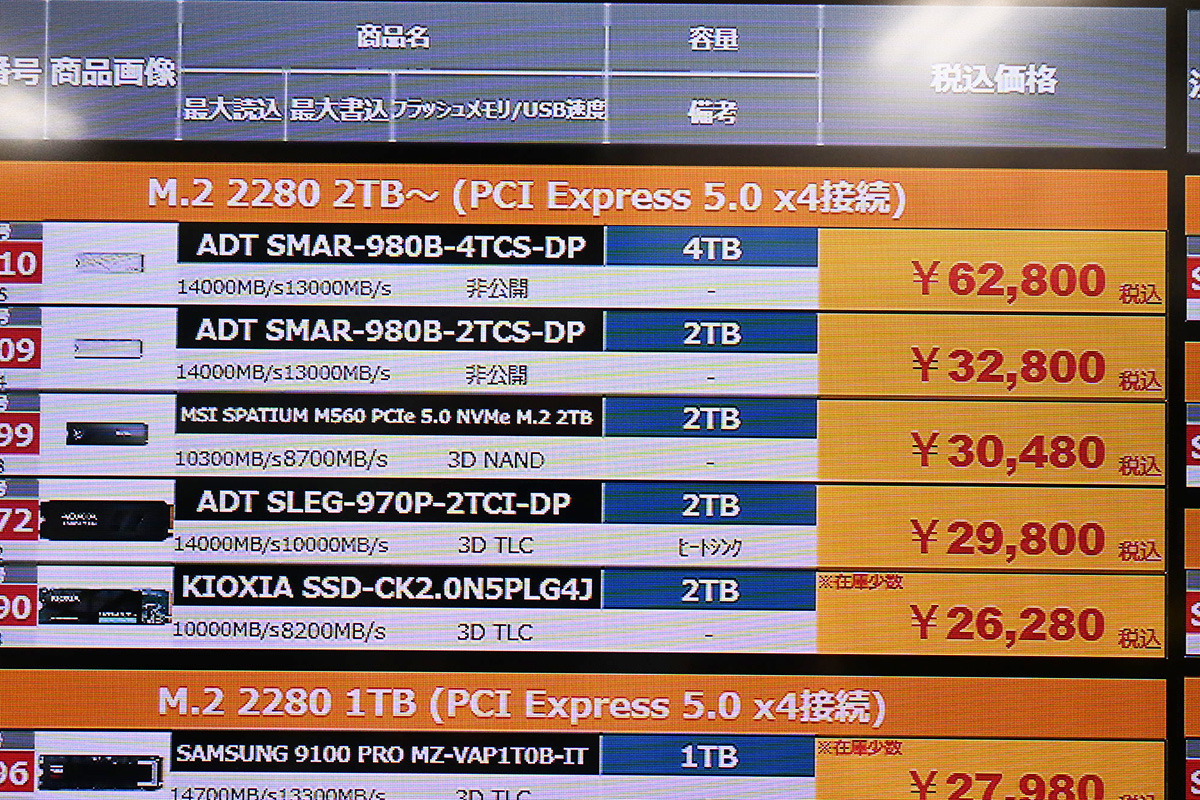 ADATA「MARS 980 BLADE」4TBの価格は62,800円、PCIe 5.0 x4の4TBでは最安(5月24日撮影)