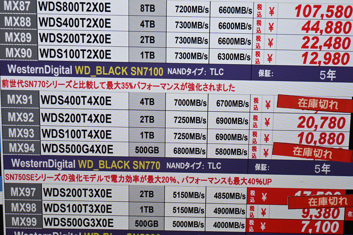 Western Digital(Sandisk)「WD Black SN7100」は4TBの在庫切れが目立つ(5月24日撮影)