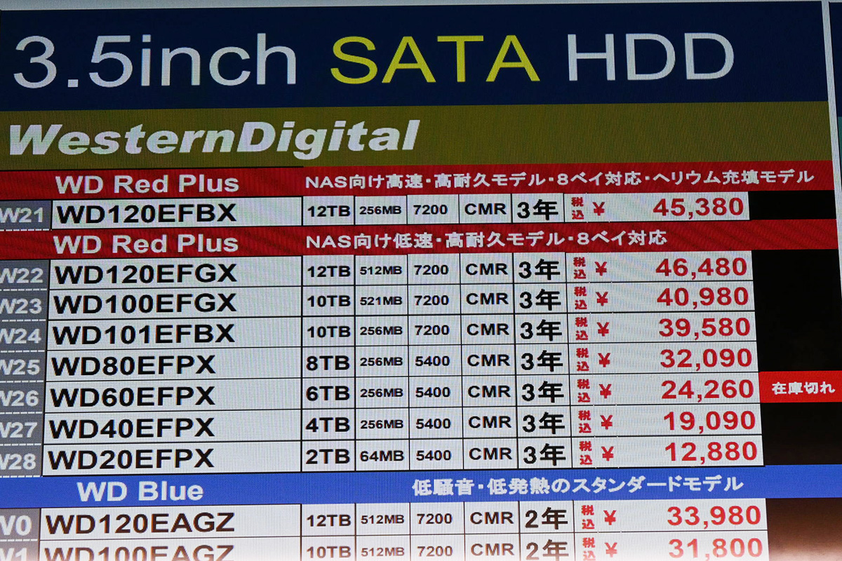 Western Digital「WD Red Plus」店頭価格表(5月24日撮影)