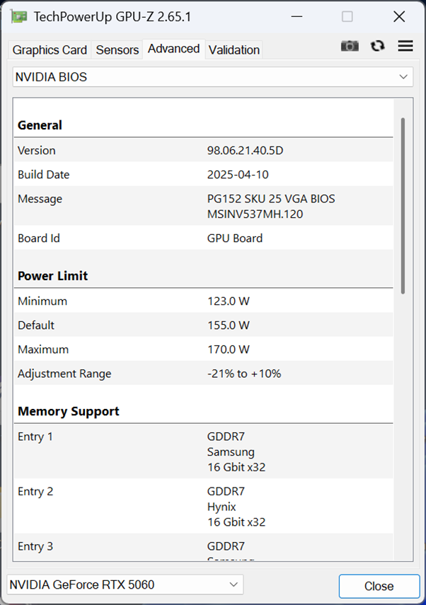 こちらもGPU-Zによる情報。RTX 5060のPower Limit(NVIDIAが言うところのTGPあるいはTotal Graphics Power)は145Wが定格だが、ファクトリーOCモデルであるためGeForce RTX 5060 8G GAMING OCでは155Wまで強化されている