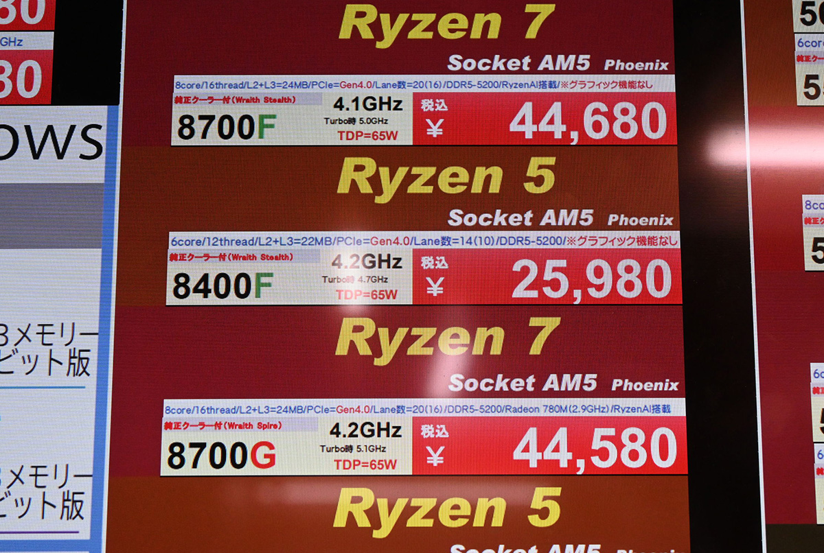 「Ryzen 7 8700G」が44,580円など(5月24日撮影)