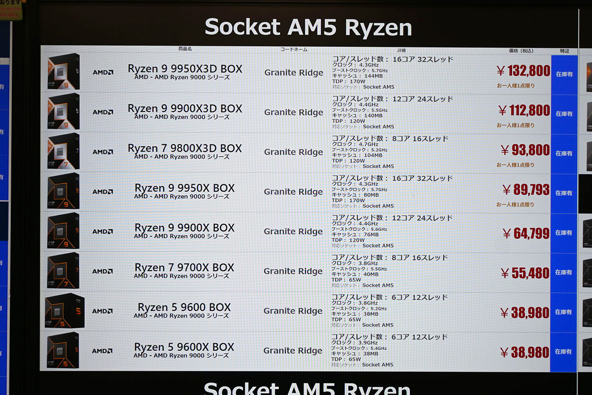 Ryzen 9000シリーズ全モデルが在庫、「9950X」は9万円割れ(5月24日撮影)