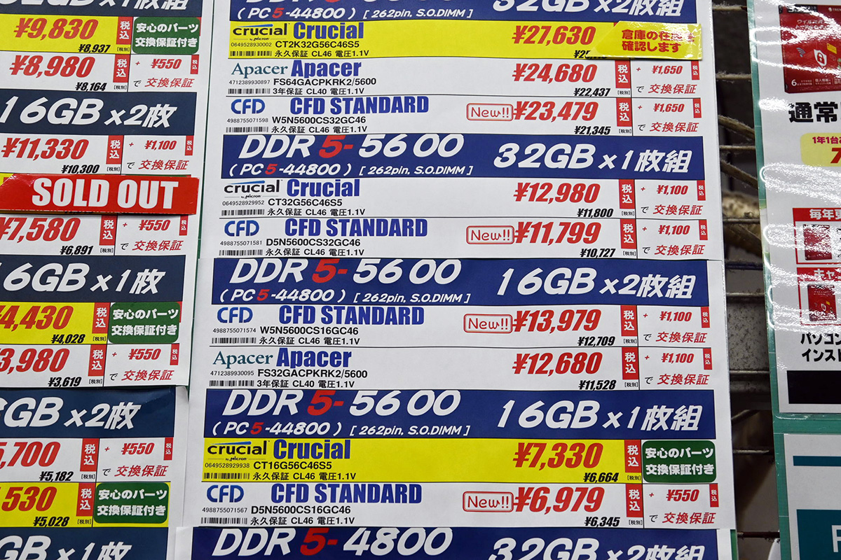 DDR5 SO-DIMM店頭価格表、「New!!」とあるのがCFD STANDARDの新製品(5月24日撮影)