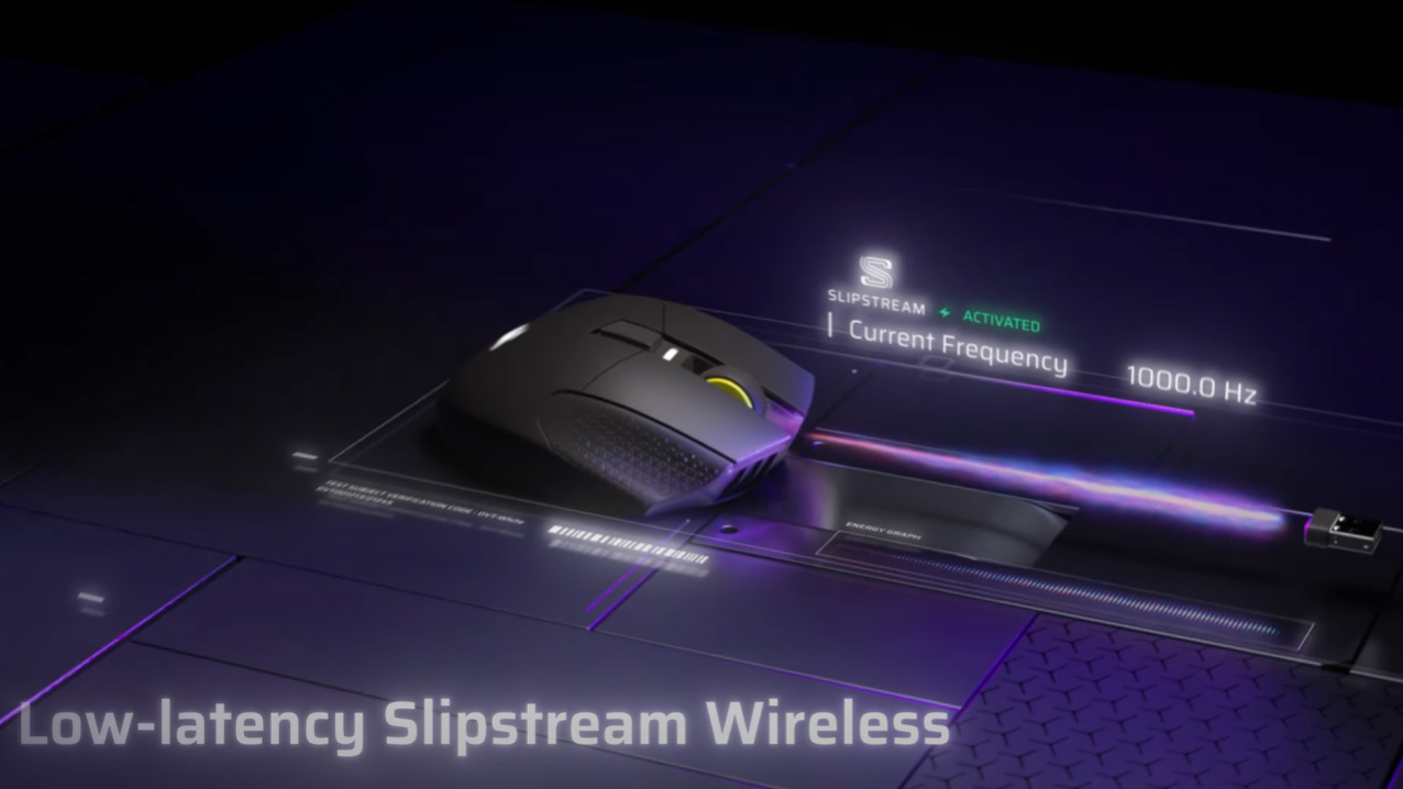 CORSAIR独自の2.4Ghzワイヤレステクノロジー「SLIPSTREAM」。ポーリングレートは最大1,000Hz、応答速度1ms以下で、低遅延と広範囲の通信距離をウリとしている。