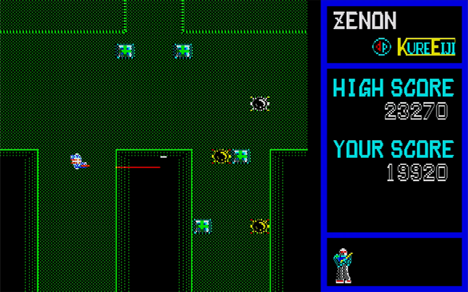 自機は右手にニードルガンを装備しているので、左側の敵に対しては有利に戦うことができます。反対に、右側の敵を狙うときは自機の身体が半分ほど敵の射線上に晒されるので、非常に危険です。