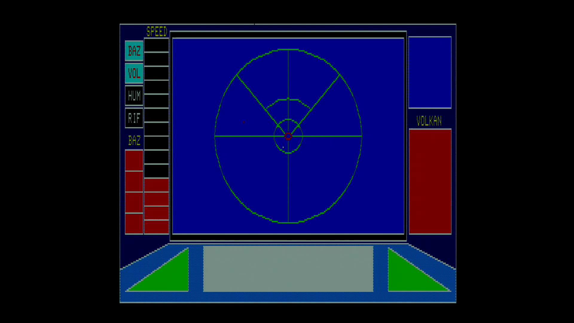 リアルタイム・シミュレーションパートは、最初のは飛ばすことができました。アドベンチャーパートをクリアした後は、大気圏突入までホワイトベースを守る戦いが繰り広げられます。白い点がホワイトベースで、赤い点が敵の位置。接敵時、緑のザクは攻撃が当たりますが、シャア専用ザクは非常に素早く動きます。