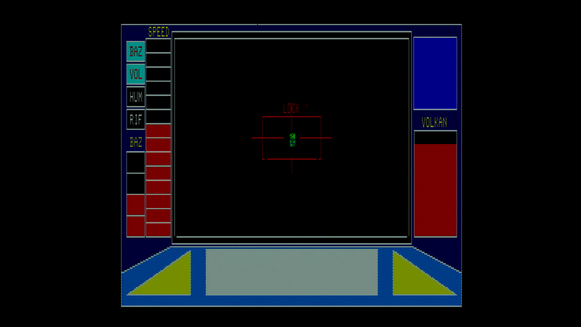 リアルタイム・シミュレーションパートは、最初のは飛ばすことができました。アドベンチャーパートをクリアした後は、大気圏突入までホワイトベースを守る戦いが繰り広げられます。白い点がホワイトベースで、赤い点が敵の位置。接敵時、緑のザクは攻撃が当たりますが、シャア専用ザクは非常に素早く動きます。
