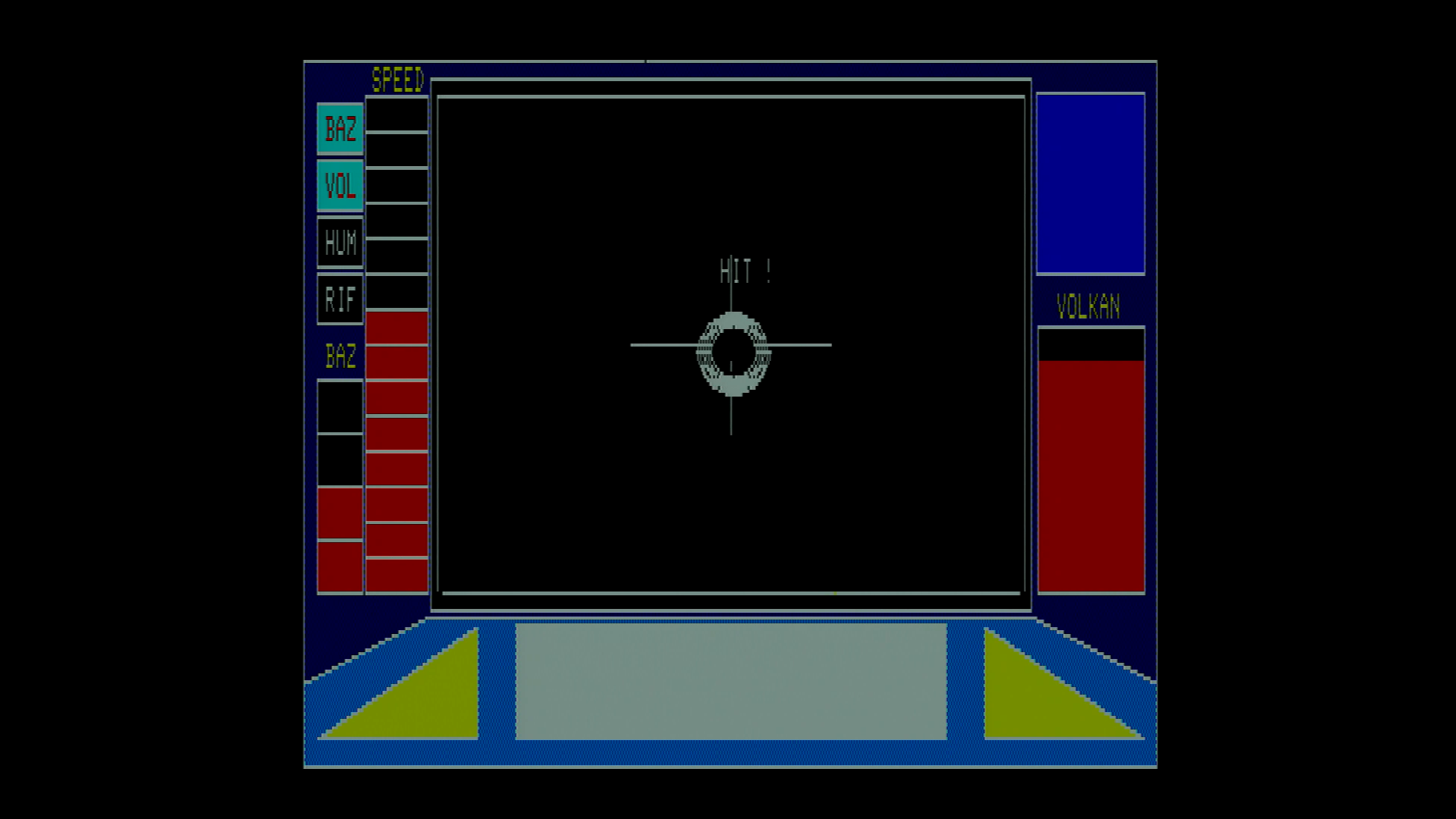 リアルタイム・シミュレーションパートは、最初のは飛ばすことができました。アドベンチャーパートをクリアした後は、大気圏突入までホワイトベースを守る戦いが繰り広げられます。白い点がホワイトベースで、赤い点が敵の位置。接敵時、緑のザクは攻撃が当たりますが、シャア専用ザクは非常に素早く動きます。