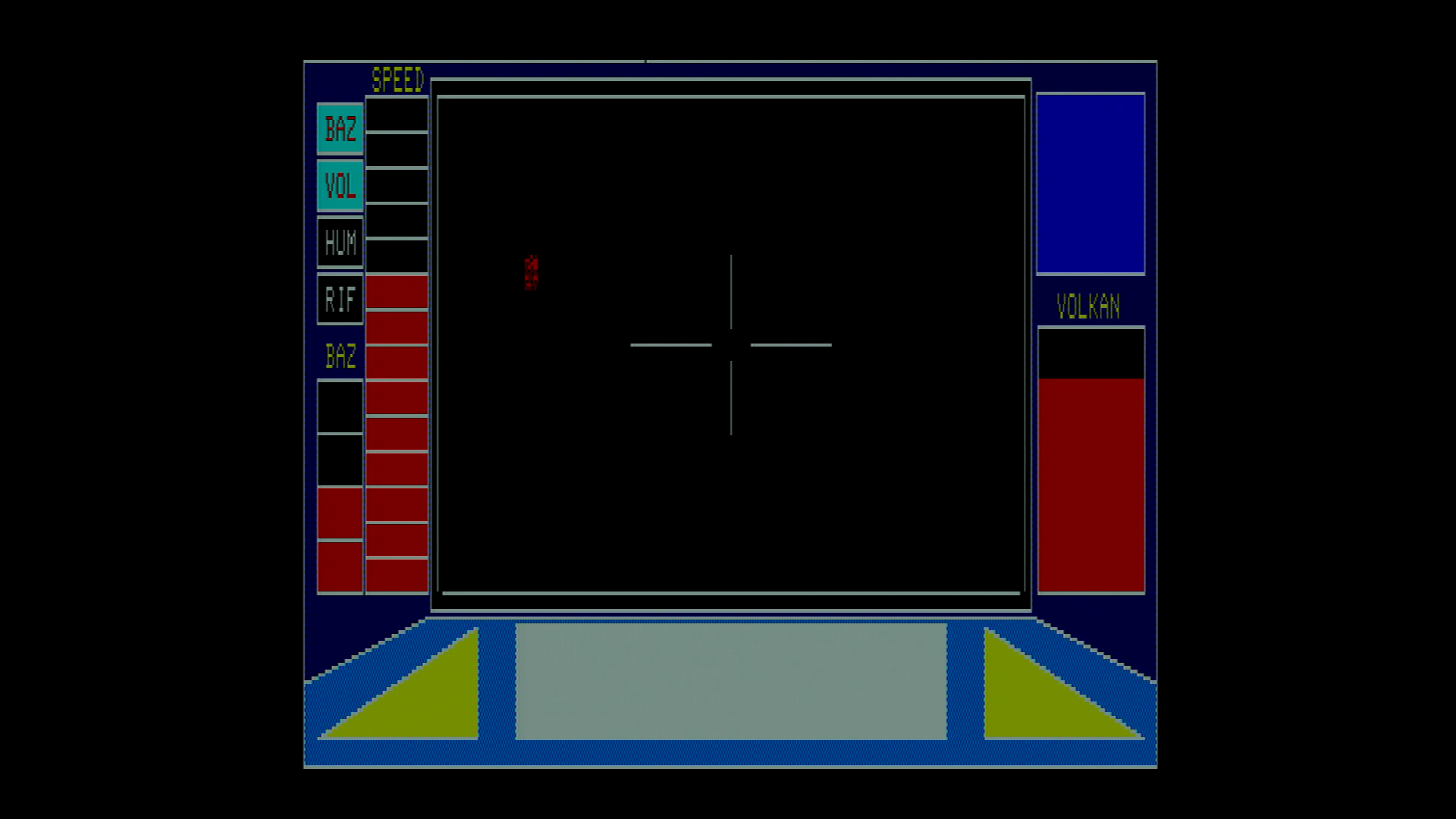 リアルタイム・シミュレーションパートは、最初のは飛ばすことができました。アドベンチャーパートをクリアした後は、大気圏突入までホワイトベースを守る戦いが繰り広げられます。白い点がホワイトベースで、赤い点が敵の位置。接敵時、緑のザクは攻撃が当たりますが、シャア専用ザクは非常に素早く動きます。
